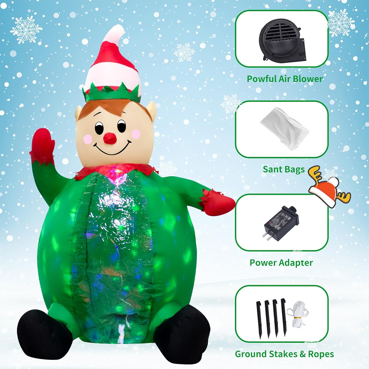 4Ft Christmas Inflatable Elf Indoor Outdoor Decoration,Green Elves Clown With Led Rotating Light Yard Blow Up For Christ