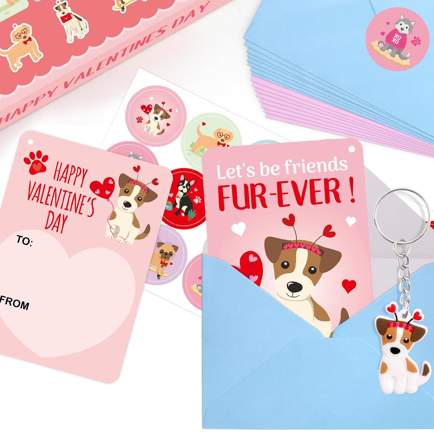 30 Pack Valentines Cards Classroom Kids Dogs Puppy Valentines Day Cards With Keychains Valentine Gift Set Exchange Boys Girls Goody Bag Favors