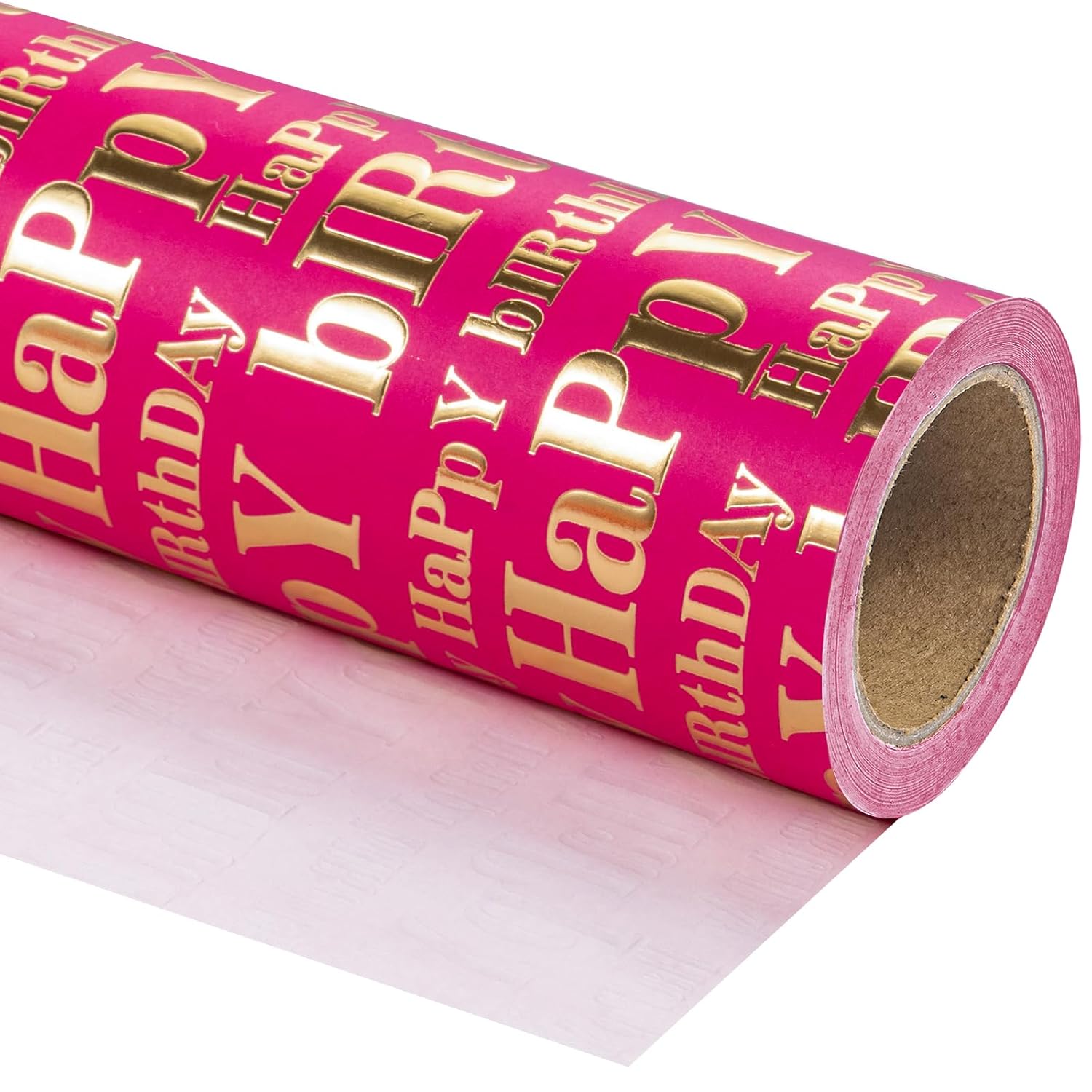 3D Kraft Birthday Wrapping Paper Roll - Mini Roll - 17 Inch X 16.5 Feet - Gold And Hot Pink Happy Birthday Wrapping Paper With Embossed Perfect For Girls Women, Holiday, Party