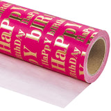 3D Kraft Birthday Wrapping Paper Roll - Mini Roll - 17 Inch X 16.5 Feet - Gold And Hot Pink Happy Birthday Wrapping Paper With Embossed Perfect For Girls Women, Holiday, Party