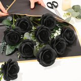 Halloween Decor - 16 Pcs Black Roses Artificial Flowers, Fake Roses Halloween Flowers With Long Stems For Home Decoration (Black)