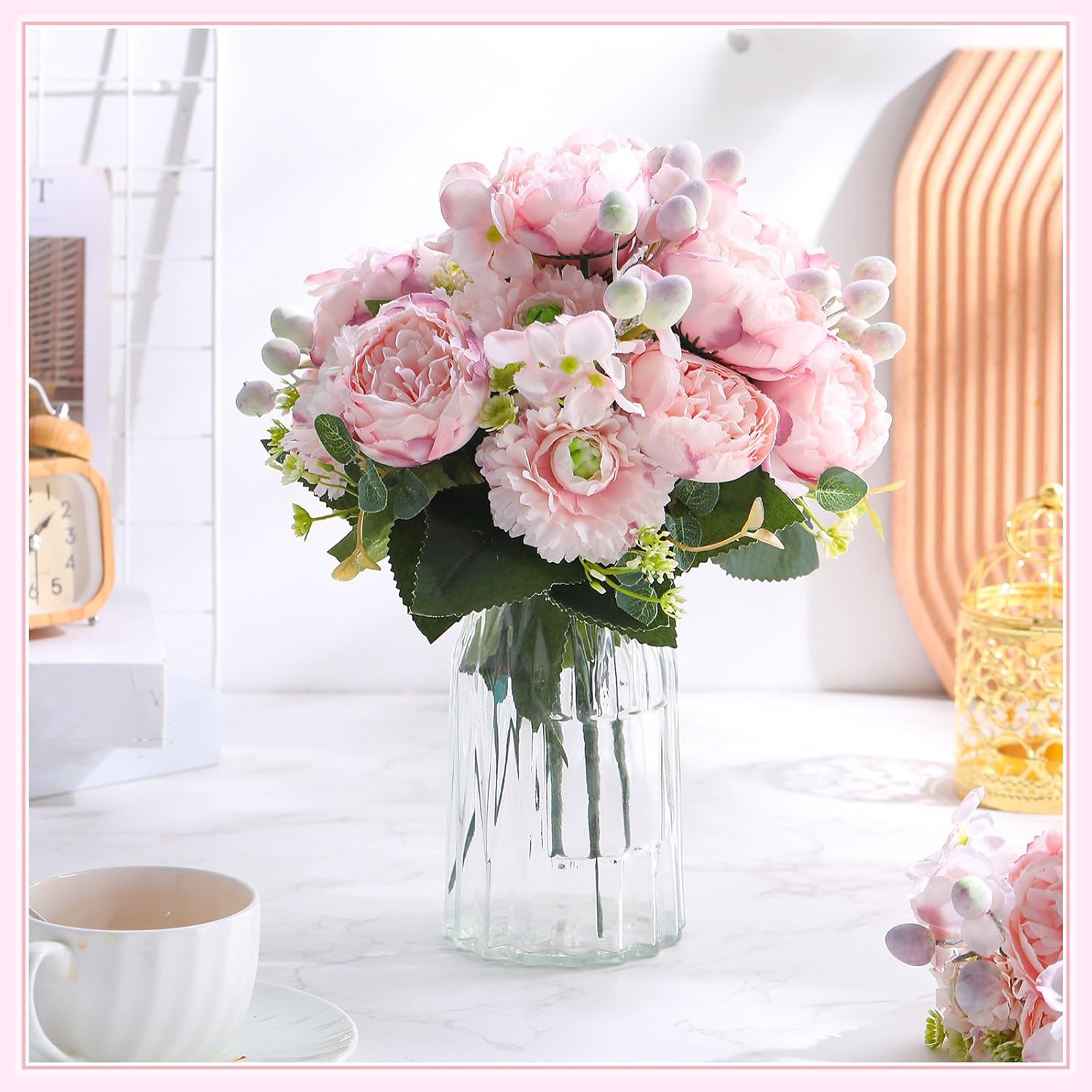 16 Bundles Artificial Peony Silk Flower Hydrangea Fake Peony Bouquet Elegant Faux Flowers With Stems For Wedding Table Centerpiece Party Home Diy Decoration(Light Pink)