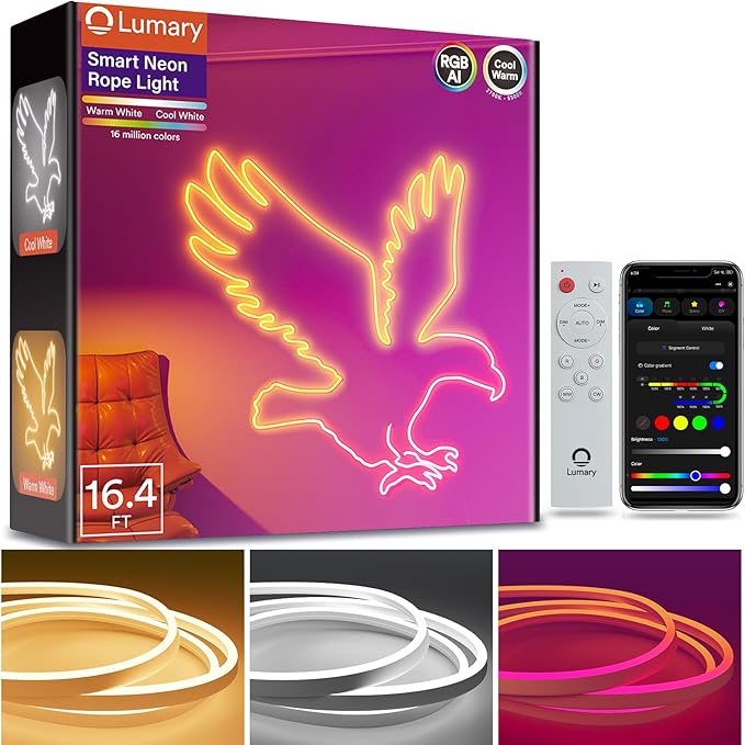 16.4FT RGBAICW Neon Rope Lights Alexa Google App Control Warm Cool White LED Strip