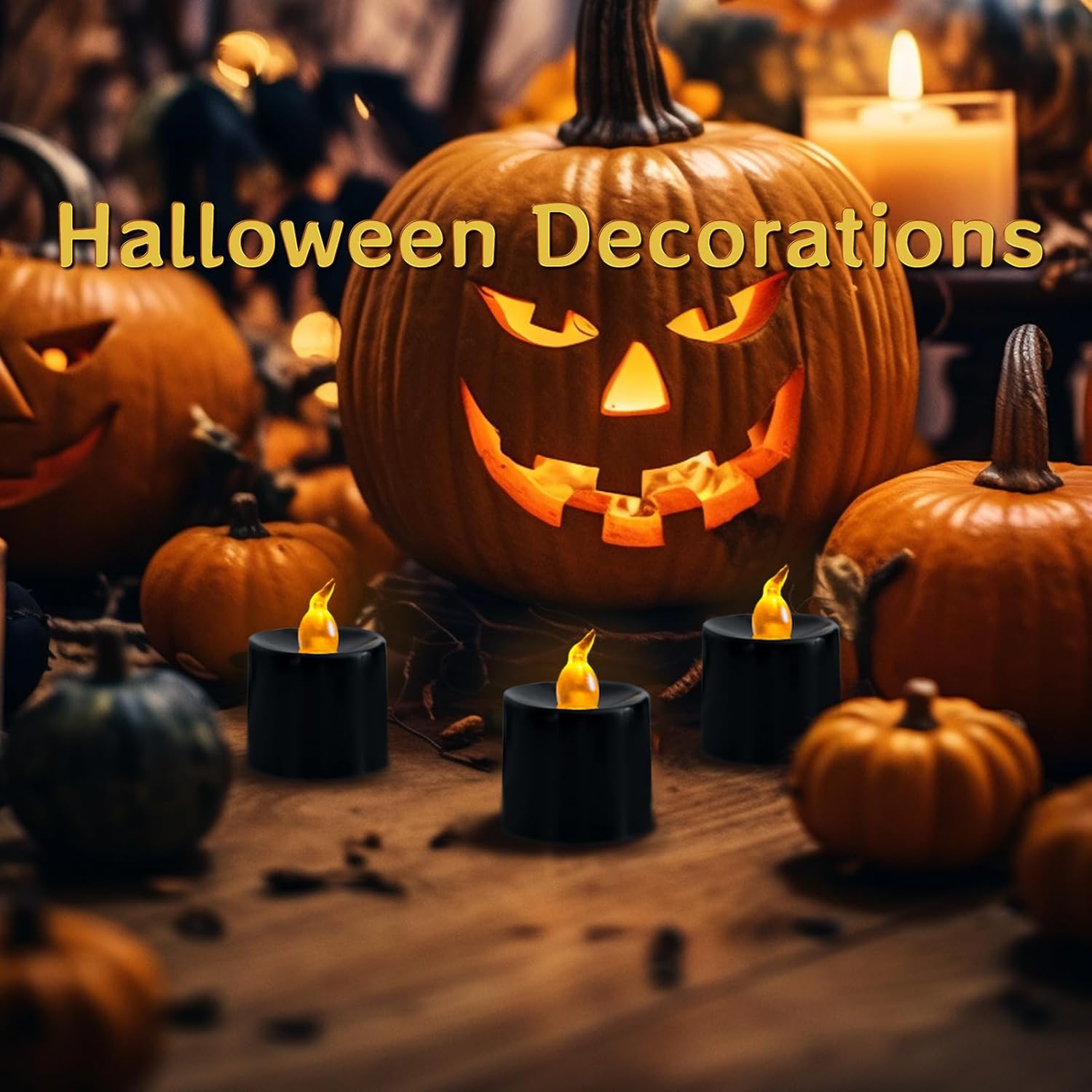 24 Pack Black Tea Lights Candles, Flickering Warm Yellow Flameless Led Tealights, Battery Operated Fake Candles, Decoration For Halloween And Christmas (Black)