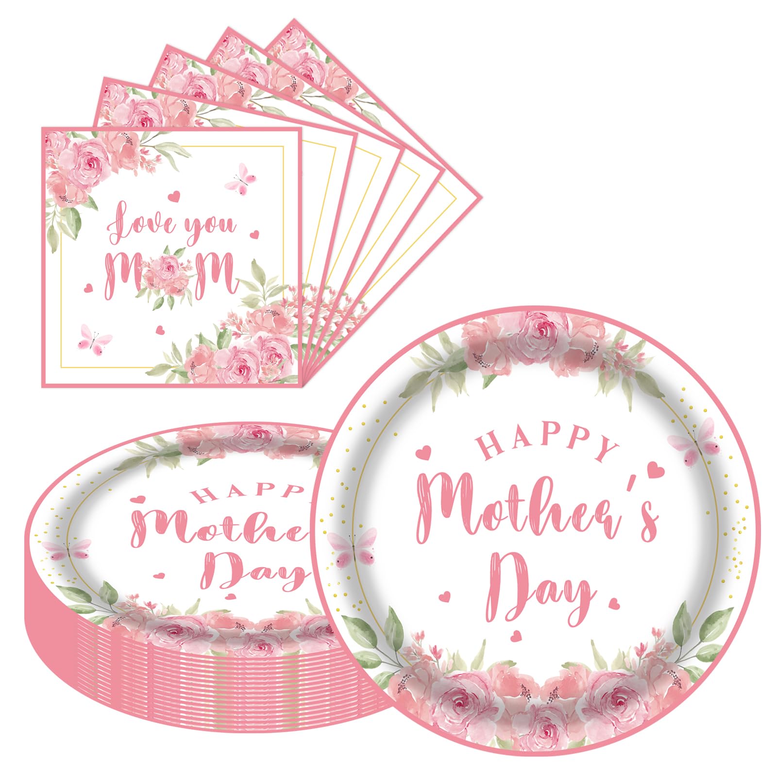 Mother's Day Decorations Pink Flower Plates and Napkins Set of 20, 9 Inch Party Paper Plates and Napkins Sets, Floral Paper Plates for Mother’s Day Party Supplies, Happy Mothers Day Paper Goods