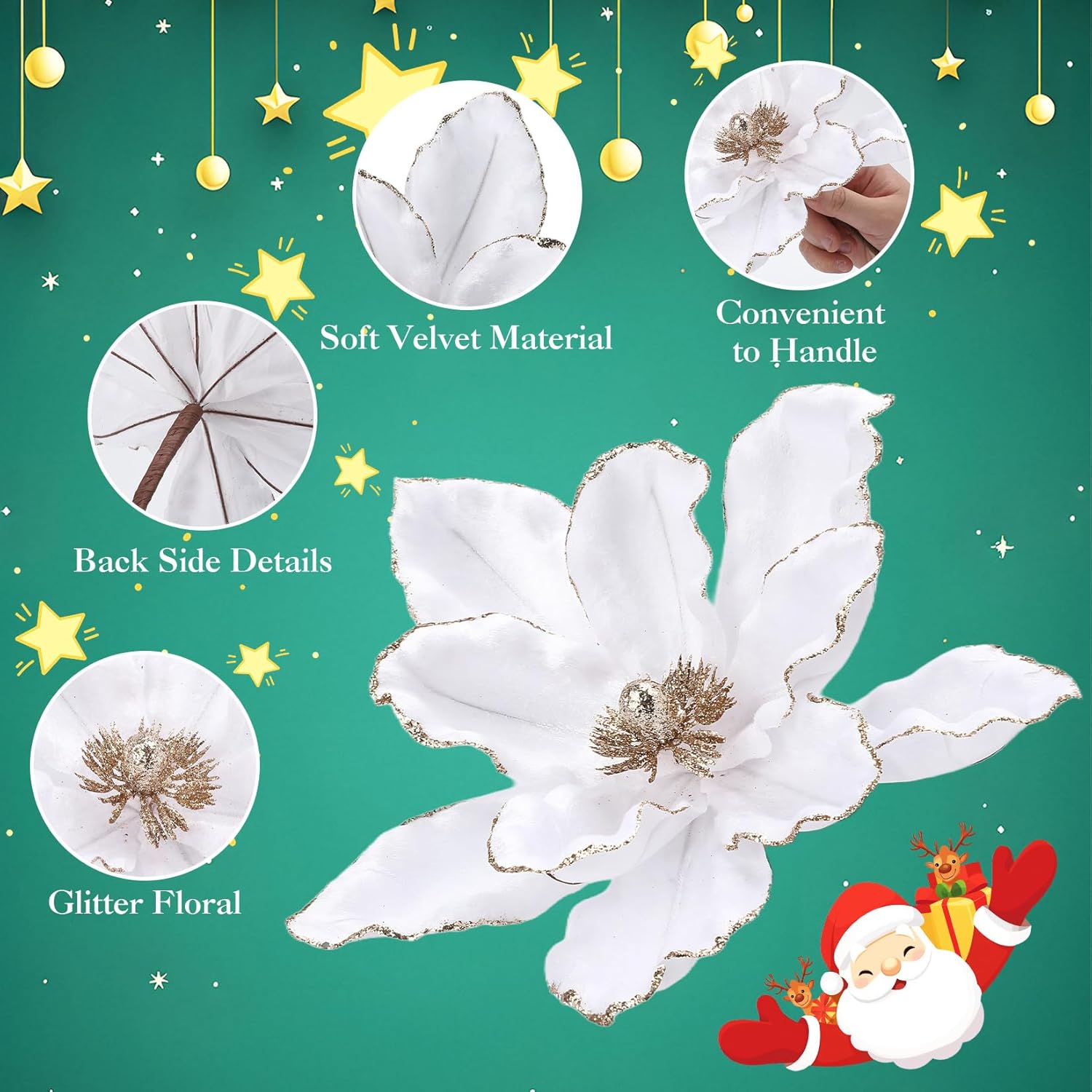12 Pcs 12 In Large Artificial Christmas Flowers Poinsettias, Glitter Fake Xmas Holiday Magnolia Flowers With Stems, Large Floral Picks For Christmas Tree Wreath, White