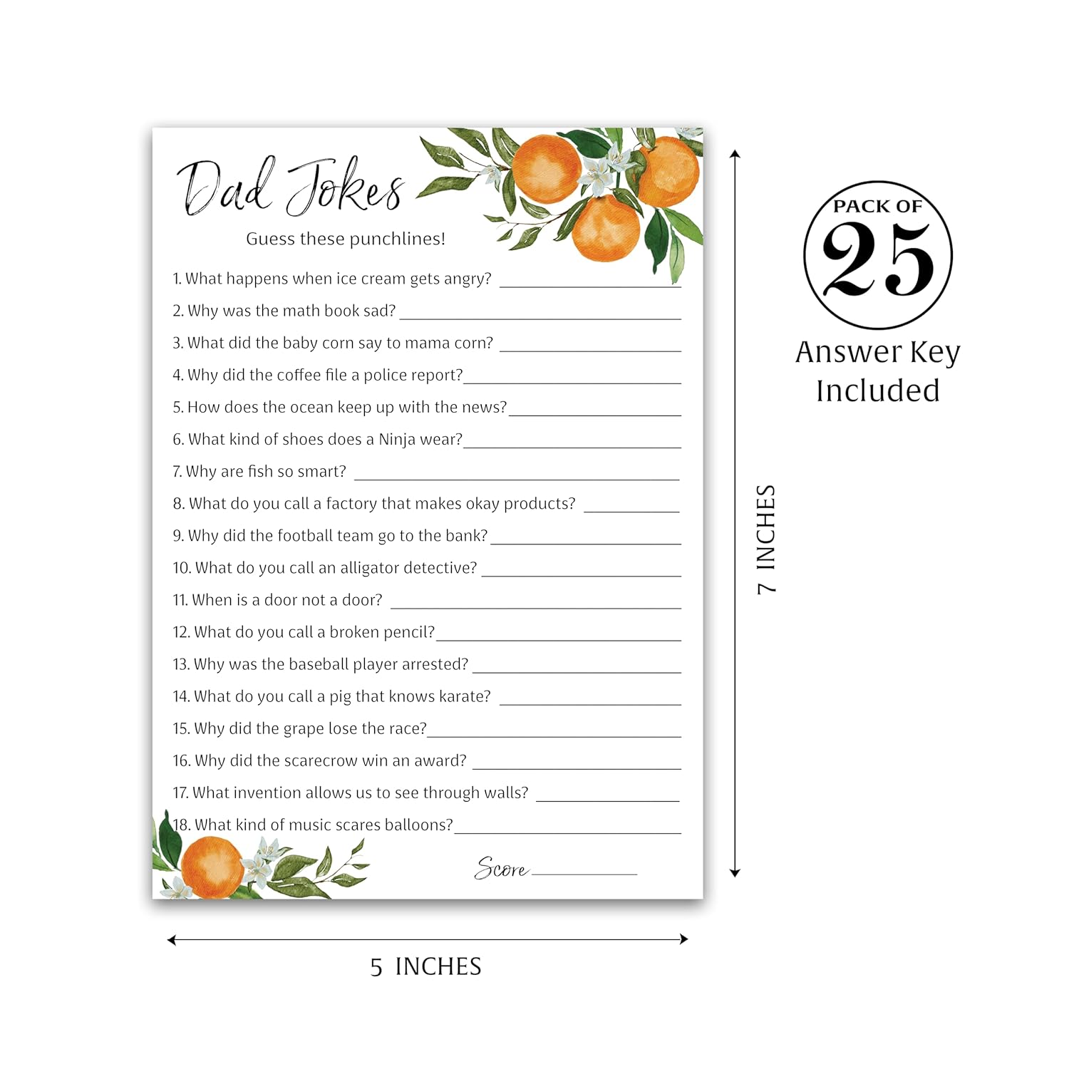 A Little Cutie Theme Baby Shower Game — Dad Jokes Games — Pack Of 25 — Fun Dad Joke Game, Funny Daddy Jokes Trivia, Citrus Orange Shower Activity, Gender Neutral Couples Co-Ed Shower Birthday G350-Djk