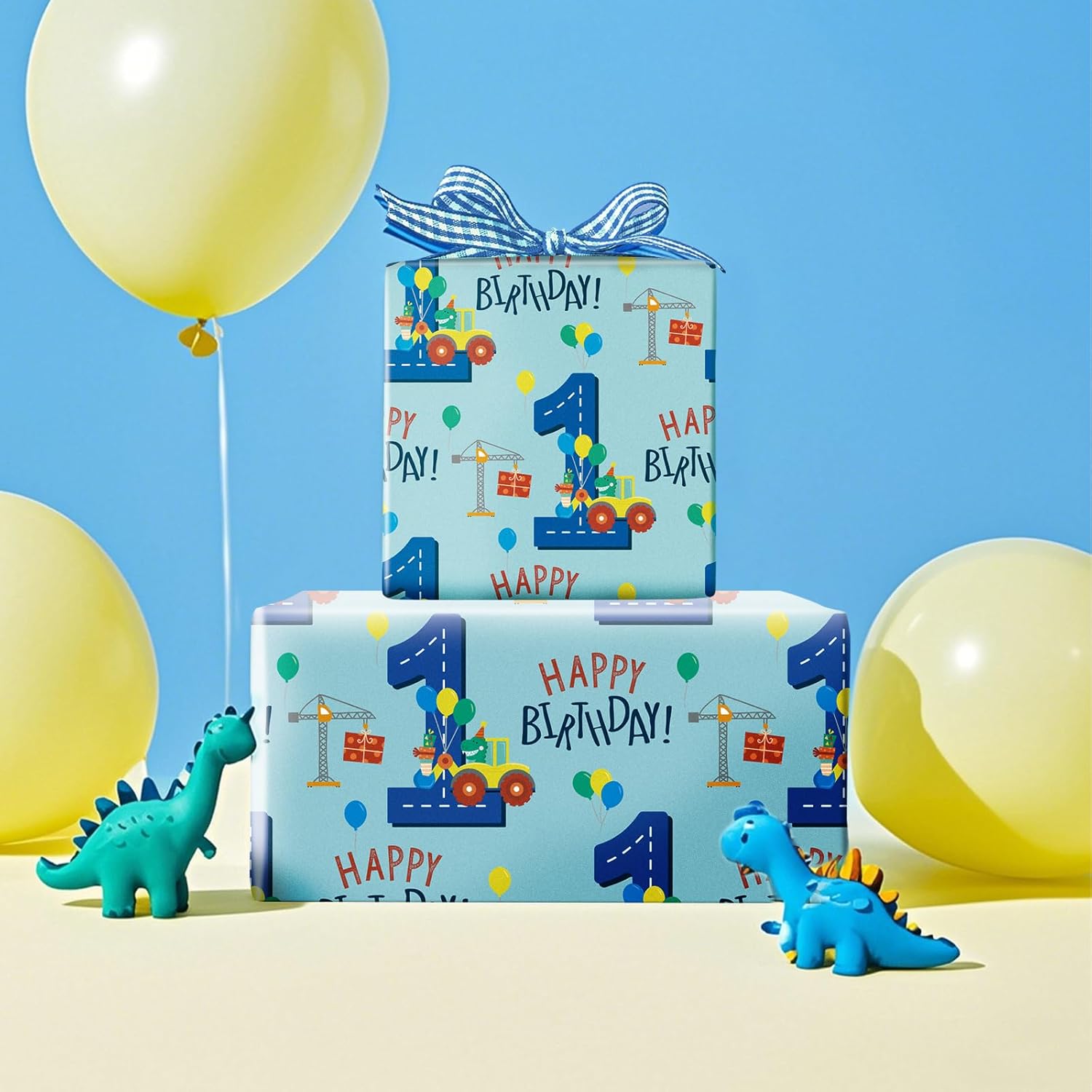 1St Birthday Boy Wrapping Paper - Mini Roll - Dinosaur Truck Happy Birthday Design For Boys' Birthday Party And More - 17 Inches X 16.4 Feet - 1 Year Old