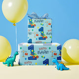 1St Birthday Boy Wrapping Paper - Mini Roll - Dinosaur Truck Happy Birthday Design For Boys' Birthday Party And More - 17 Inches X 16.4 Feet - 1 Year Old