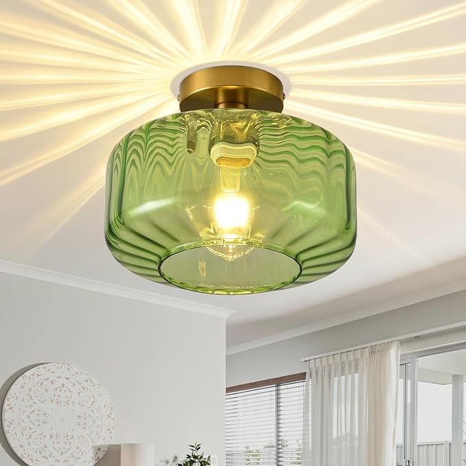 11 Inch Green Glass Semi Flush Mount Ceiling Light Luxury Round Ceiling Fixture
