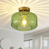 11 Inch Green Glass Semi Flush Mount Ceiling Light Luxury Round Ceiling Fixture