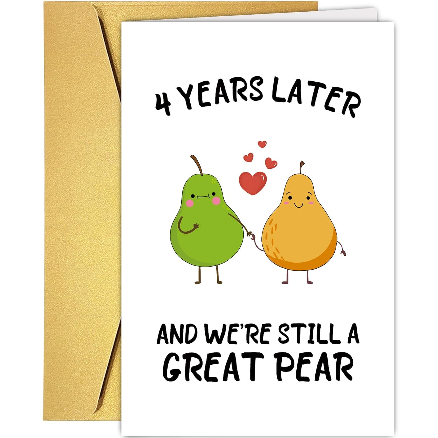 Funny 4Th Anniversary Card For Wife Husband, Sweet Four Years Card For Him Her, Cute Pear Love Card, Romantic Valentines Day Card