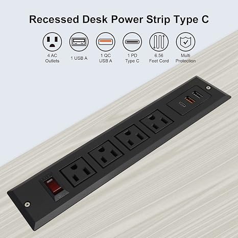 20W Recessed Mountable Power Strip with 4 AC Outlets and USB C Ports for Conference Desk and Workbench