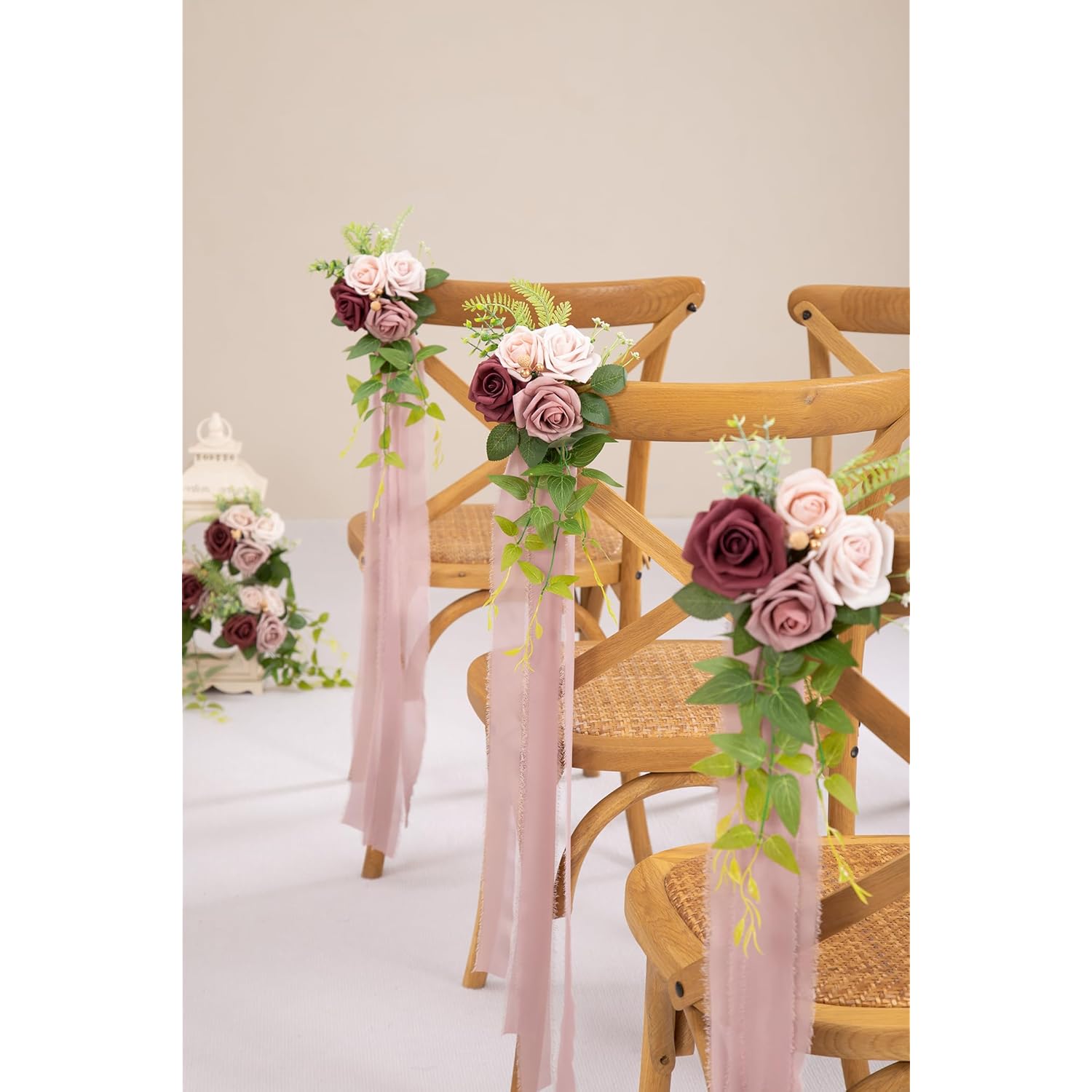Wedding Aisle Decorations Mauve Pew Flowers Set Of 10 For Wedding Ceremony Party Chair Decor With Artificial Flowers Eucalyptus And Ribbons