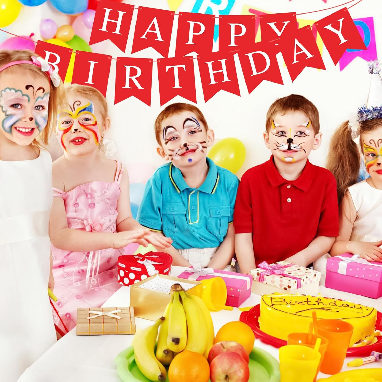 Red Happy Birthday Banner Bunting Sign, Garland Tea Party Decorations, Christmas Thanksgiving Party Supplies For Kids And Adults