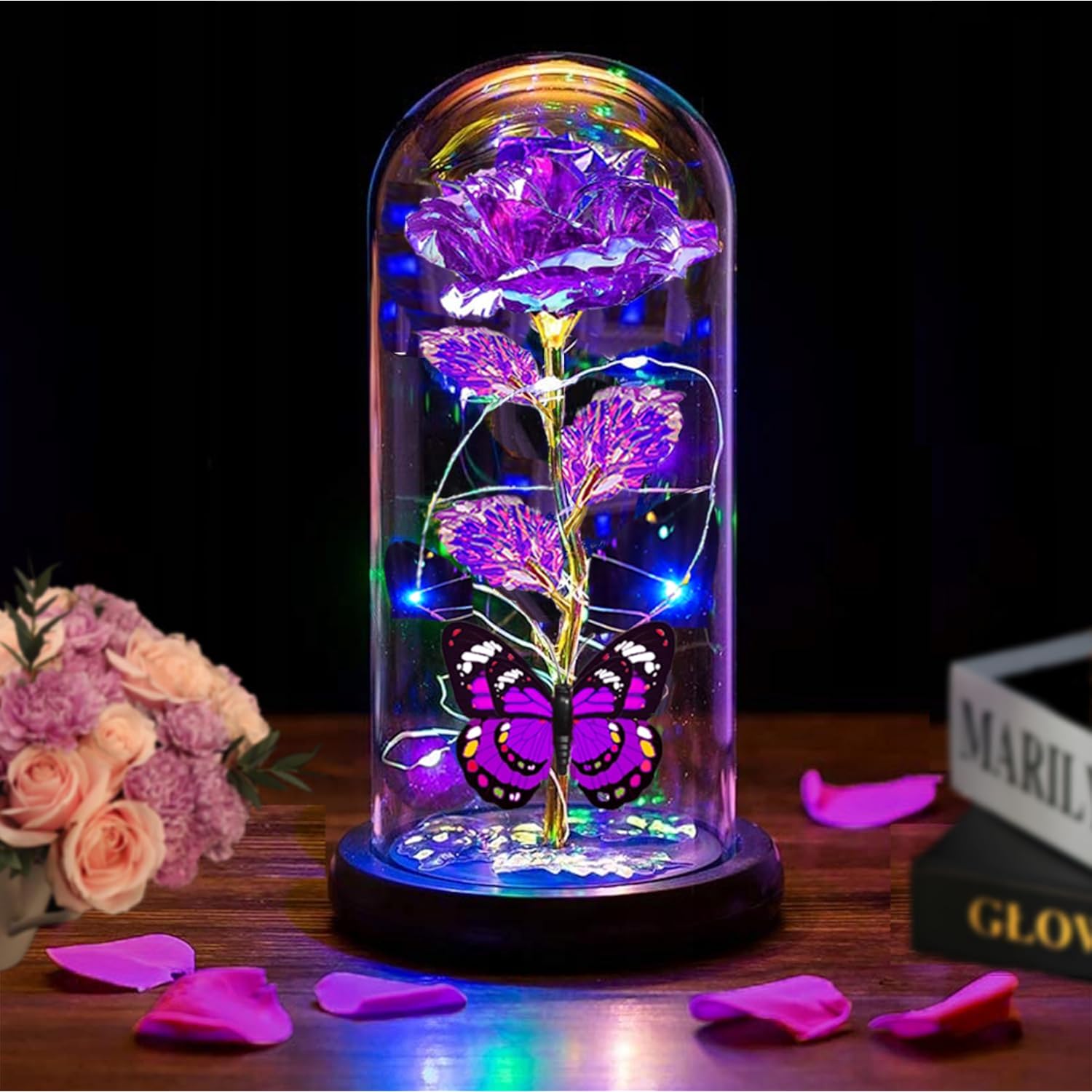 Valentines Day Rose Flowers Gifts For Her, Valentines Day Gifts For Her Mom Wife Girlfriend,Light Up Rose Gifts For Women,Glass Rose Valentines Gifts For Daughter, Birthday Gifts For Mom,Purple Rose