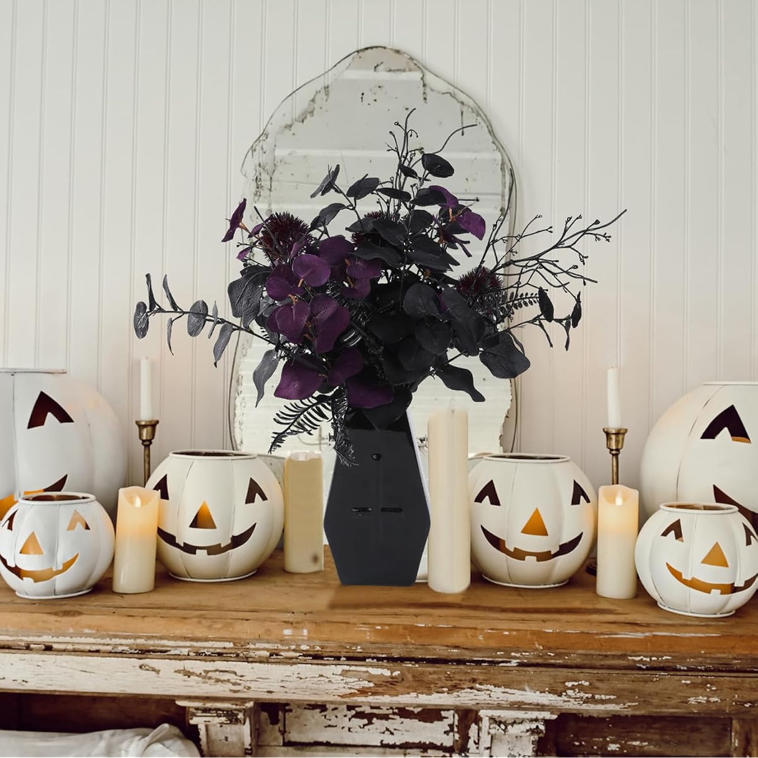 7Pcs 18" Faux Halloween Floral Picks Tabel Centerpieces Decoration, Artificial Gothic Black Purple Eucalyptus Leaves Flowers Stems Picks Bouquet Decor (Blk-Purple)
