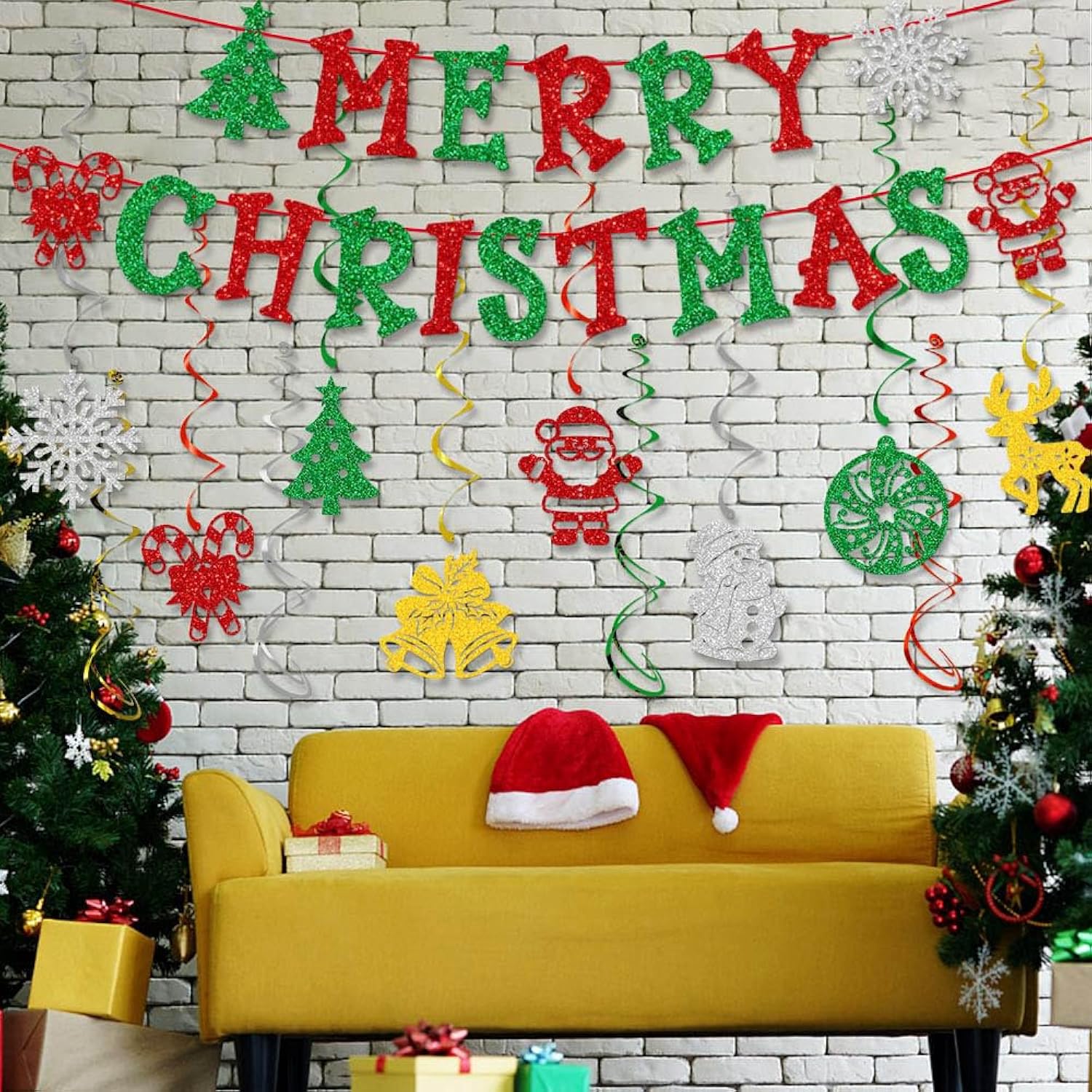 Merry Christmas Banner Red & Green Glitter Christmas Garland For Home Office Party Fireplace Mantel Decorations