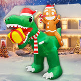 8 Ft Christmas Inflatable Gingerbread Man Ride On Dinosaur With Gift Box Outdoor Decoration Built-In Led Lights, Blow Up