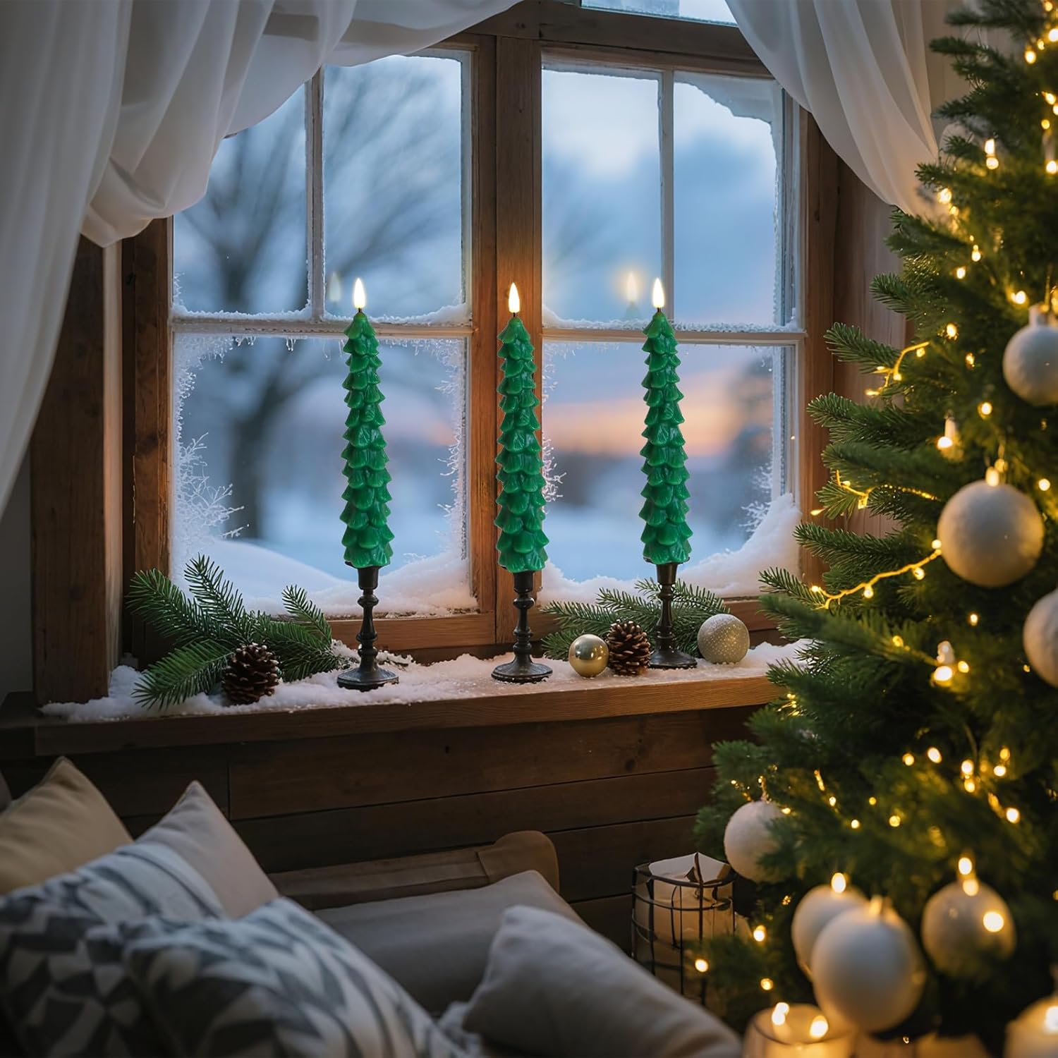 Christmas Tree Shaped Flameless Candlesticks Battery Operated With Remote And Timer, Set Of 4 Real Wax Led Taper Candles With 3D Flickering Wick For Christmas Decoration Gift