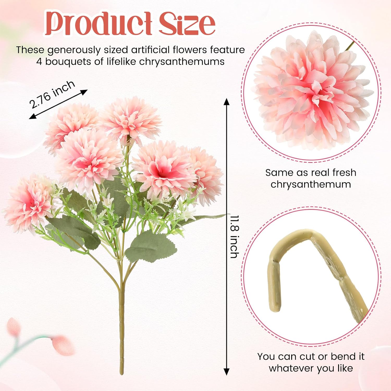 24 Heads Artificial Chrysanthemums Flowers Bouquets Silk Chrysanthemum Ball Fake Mum Artificial Mums For Outdoors Faux Silk Ball Flower For Home Table Centerpieces Decor (Champagne Pink)
