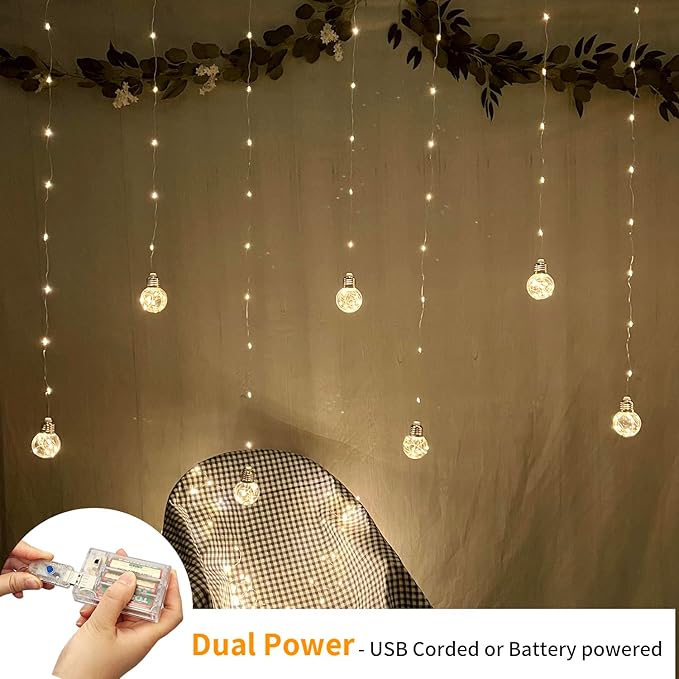 200 LED Wishing Ball Curtain Lights Warm White Window String Lights with Remote USB Battery Powered Twinkle Globe Fairy Lights for Bedroom Wedding Christmas Decor