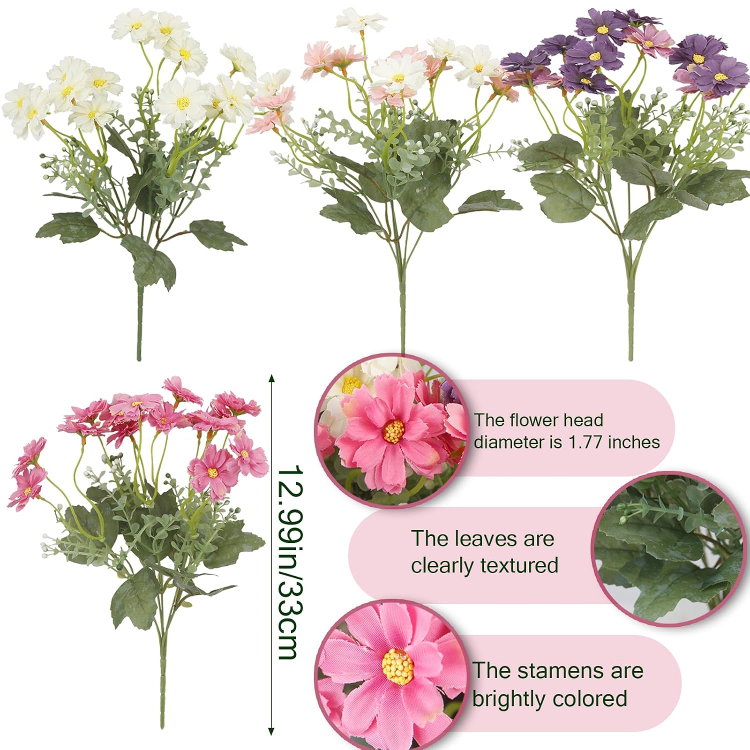4 Pcs Artificial Daisy Flowers Outdoor Uv Resistant Silk Flowers For Outside Pink Faux Daisy Bouquet Arrangement For Spring Summer Garden Porch Window Box Planter Front Door Patio Balcony Decor