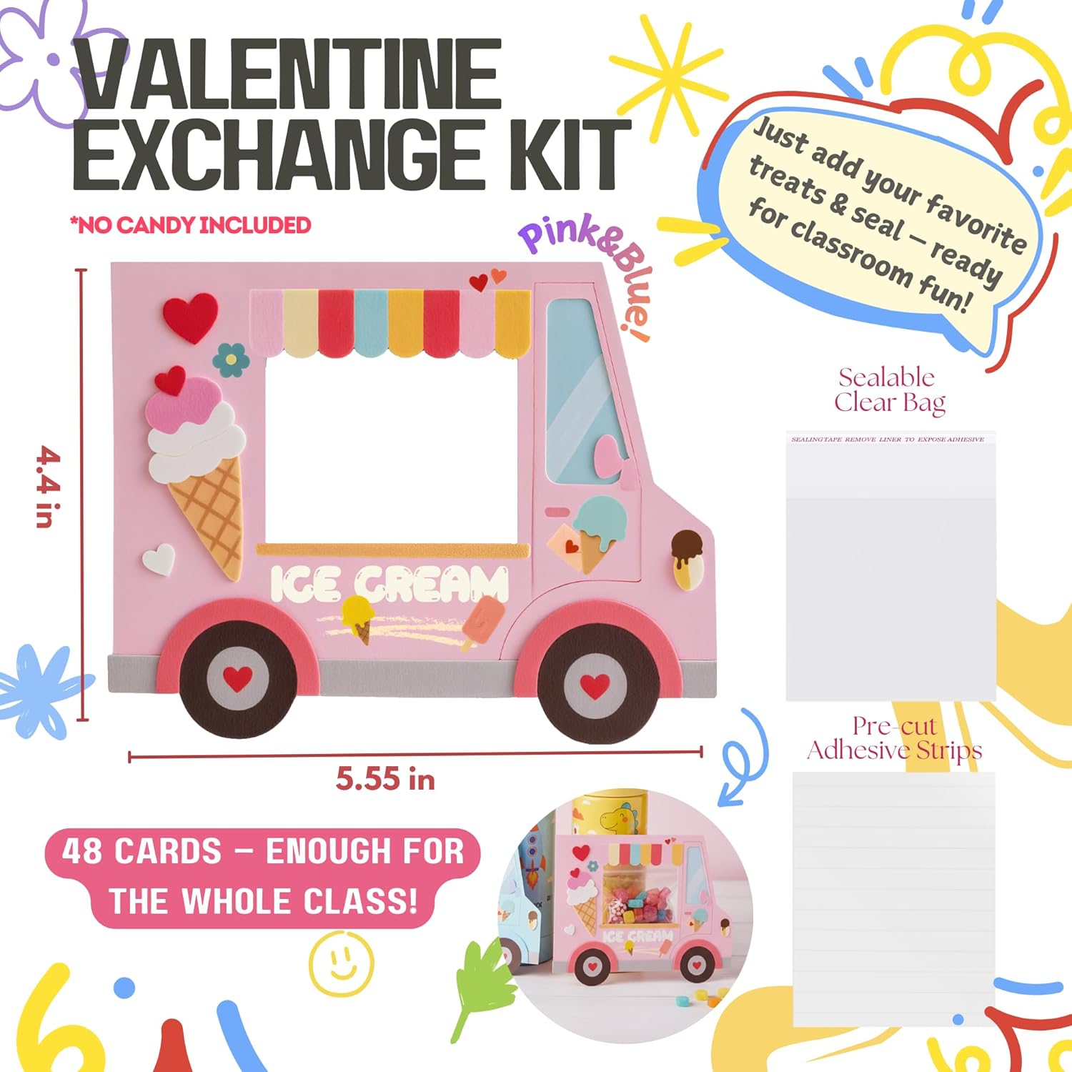Valentines Day Cards For Kids School, 48 Pack Vivid Class Exchange Cards Bulk With Treat Bags & Self Adhesive Tape, Valentines Party Favor For School Classroom