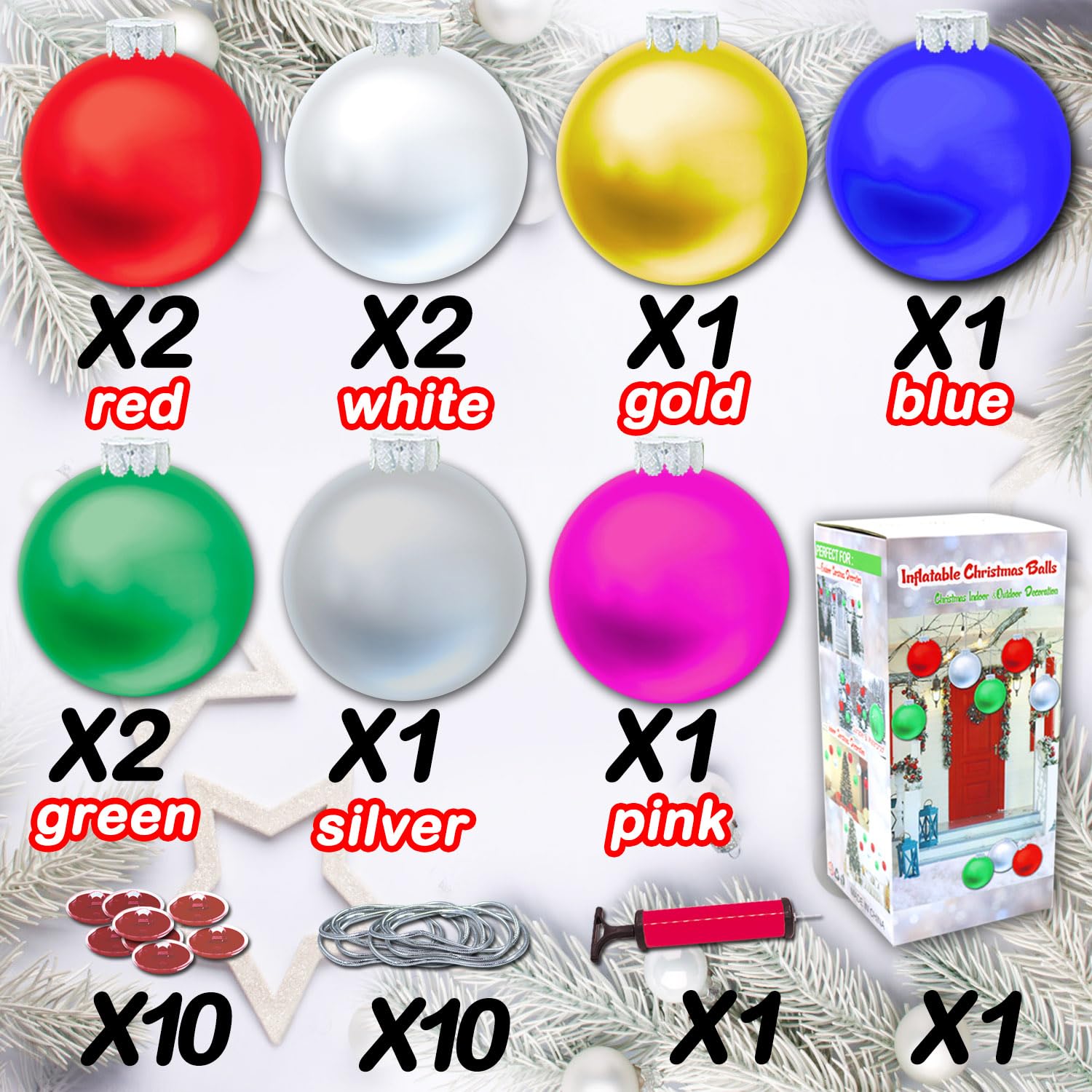 10 Pcs Outdoor Christmas Decorations, 11 Inch Large Inflatable Christmas Balls, Christmas Ornaments Decor For Front Door