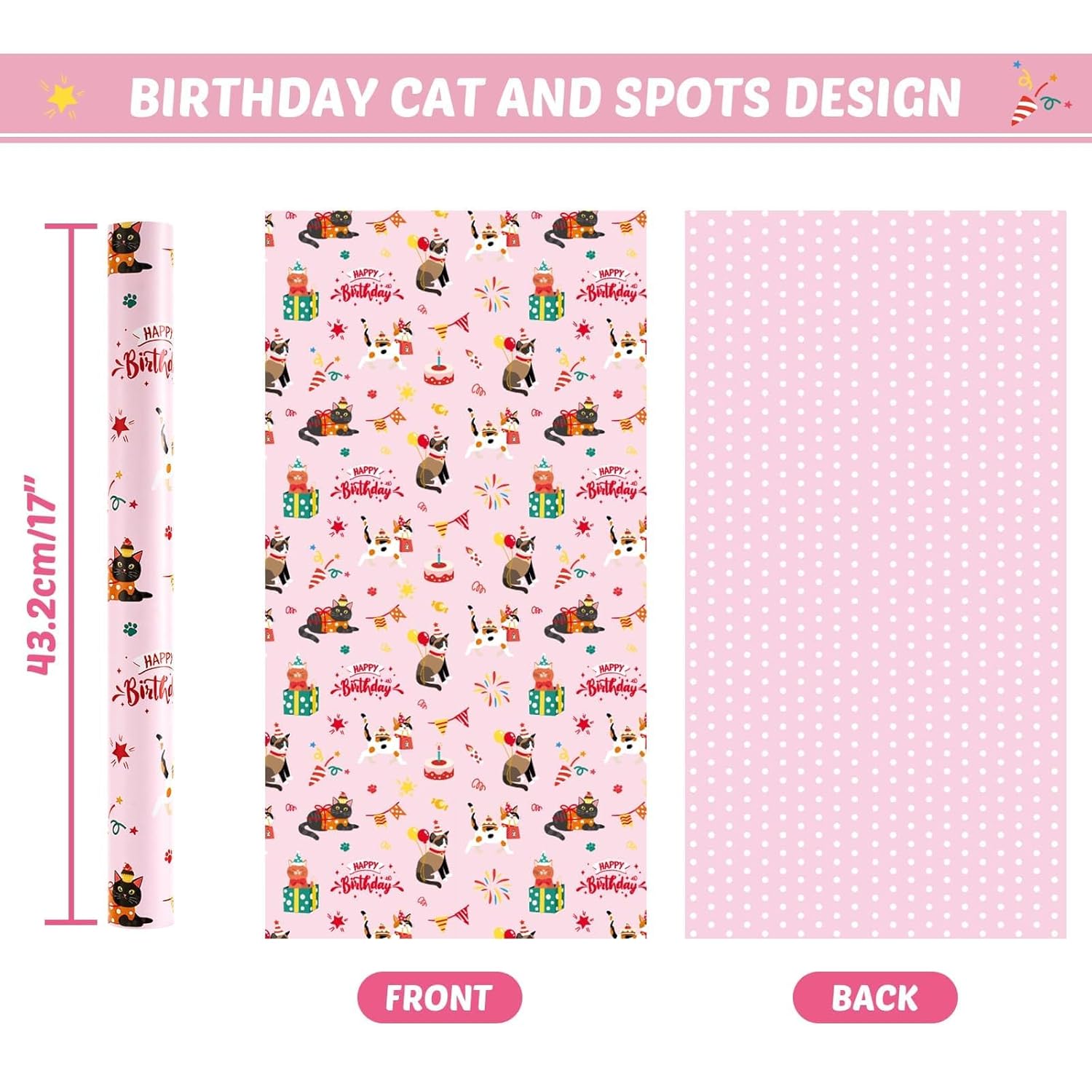 Cat Wrapping Paper Roll - 1 Roll 17”X 33 Ft Happy Birthday Wrapping Paper Pink Cat Birthday Gift Wrap For Kids Girls Adults Kitten Party Baby Shower Decoration Reversible Polka Dot Design