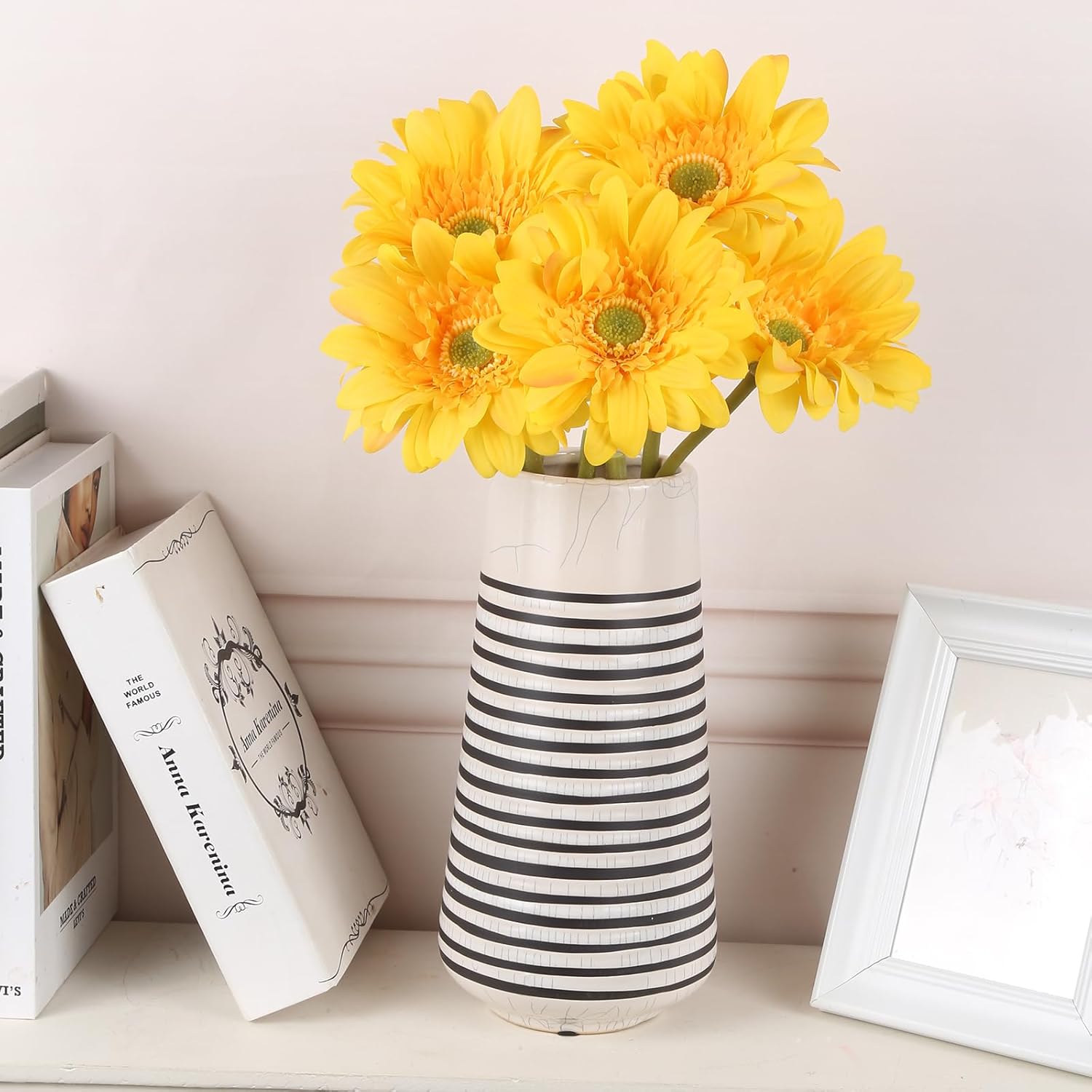 Yellow Gerbera Daisy Artificial Flowers – Real Touch Latex Silk Daisy Flowers 5Pcs, 26.7" Long Stem Artificial Flowers For Summer Centerpieces, Home Decor Indoor, Or Fake Wildflower Displays