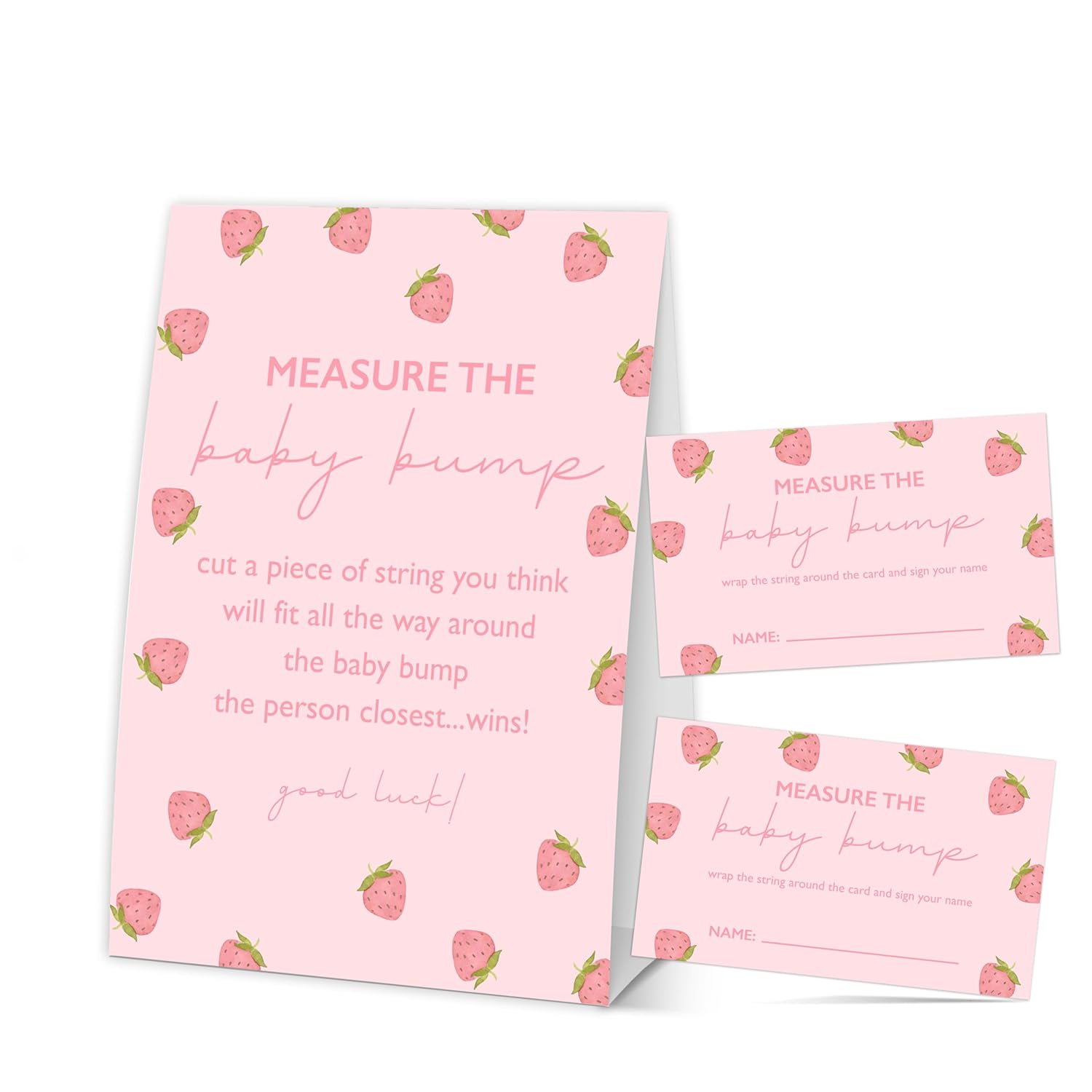 Baby Shower Games For Girl, Strawberry Measure The Baby Bump, 1 Self-Standing Sign With 50 Tickets, Hilarious Babies Shower Games For Gender Reveal Party - A03