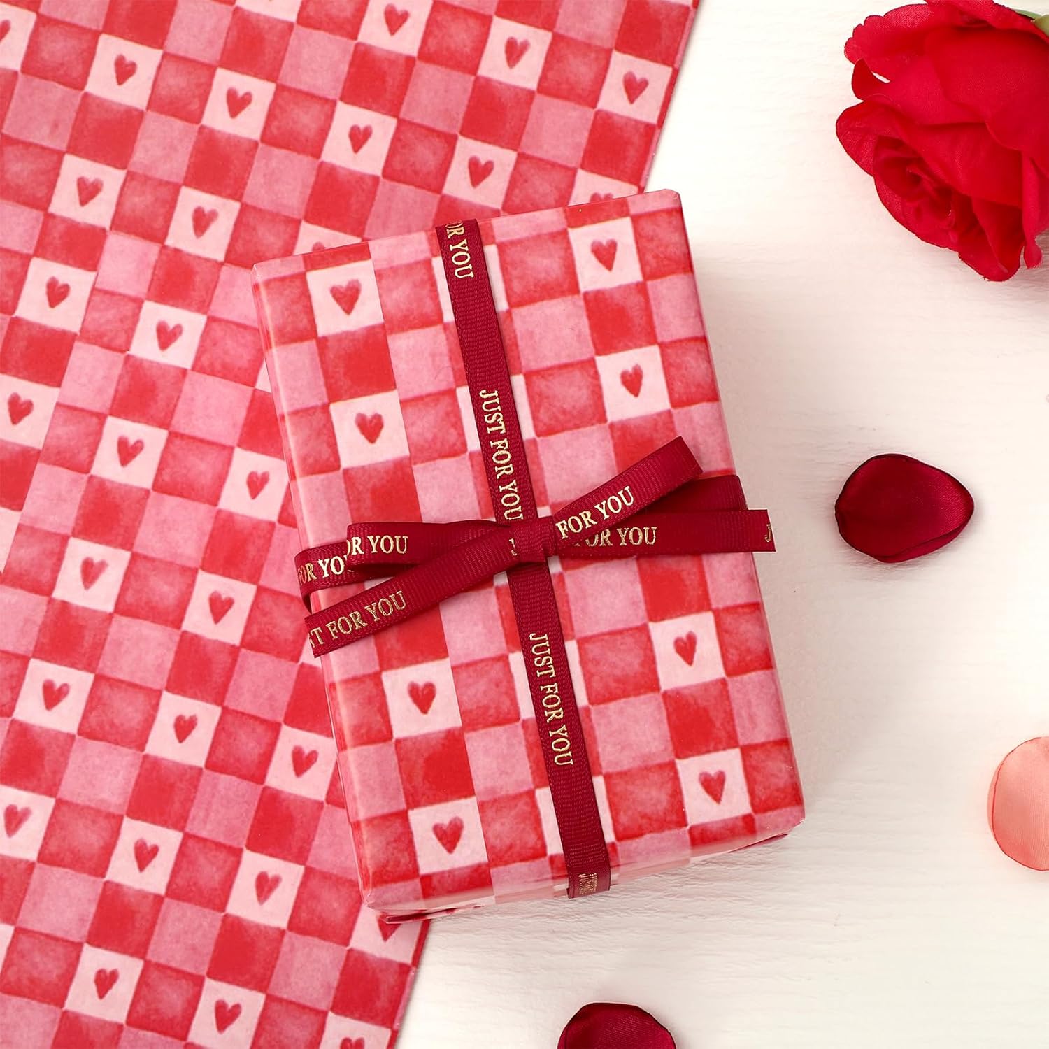 6 Sheets Valentine'S Day Wrapping Paper -Not Roll- Red Plaid Heart Gift Wrap Paper Folded Flat Craft Paper For Wedding Anniversary Party Supplies, 27.6 X 39.4 Inch