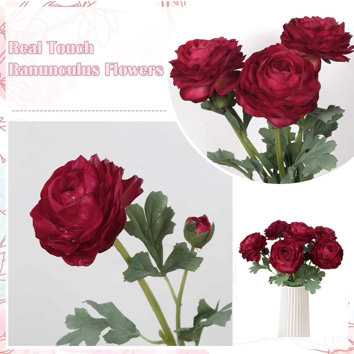 Dark Red Ranunculus Artificial Flowers 6Pcs Real Touch Ranunculus Flowers Fake Peonies Artificial Flowers For Diy Wedding Bouquet Party Table Home Decor(Dark Red)