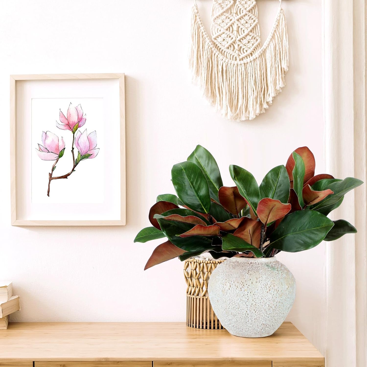 6 Pcs Magnolia Artificial Leaves Branches 3D Magnolia Pick Real Touch Faux Stems Simulation Leaves Twigs For Indoor Outdoor Vase Filling Home Office Table Decoration (Green,18 Inch)