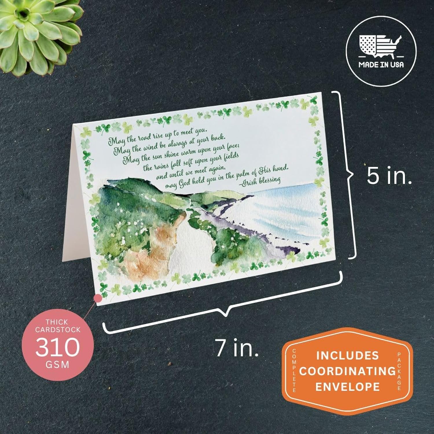 St. Patrick'S Day Greeting Cards, Irish Blessing Cards, 5"X7" Folded Card W/Envelope, Single Card, Made In Usa By A Small Family Business (Watercolor Seaside)