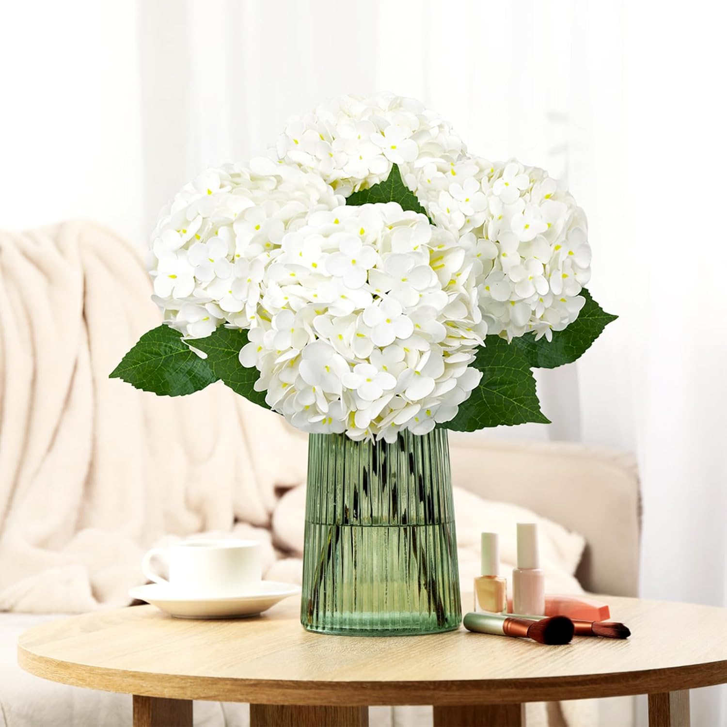4 Pcs Real Touch White Hydrangea Artificial Flowers 20.5", Latex Large Faux Hydrangeas Fake Flowers With Stems Leaves For Family Table Wedding Bouquets Party Centerpieces Home Decor In Vase