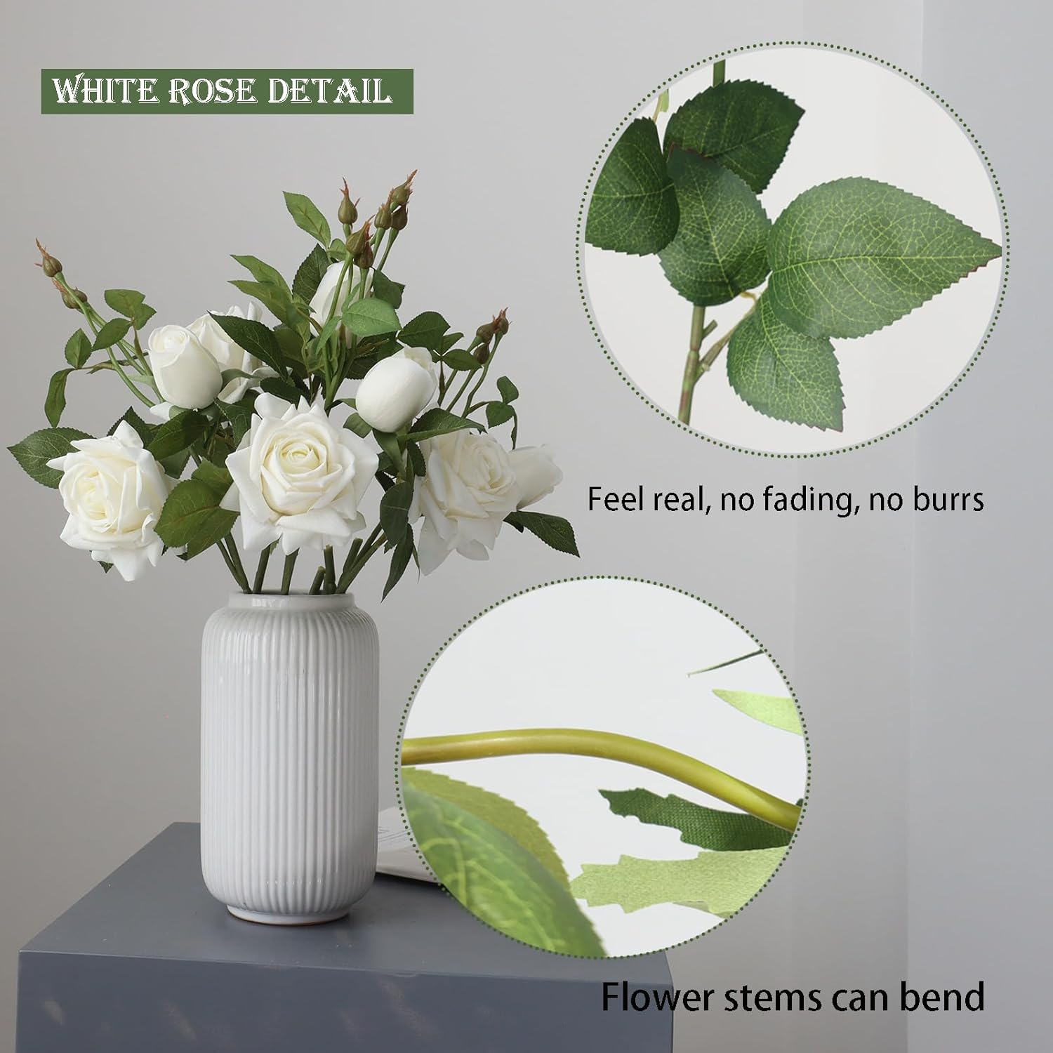 Artificial Silk Flowers Real Touch Realistic Roses Bouquet Long Stem For Home Wedding Party Valentine'S Day Mother'S Day Table Centerpieces Decorations (White,8 Flower Head)