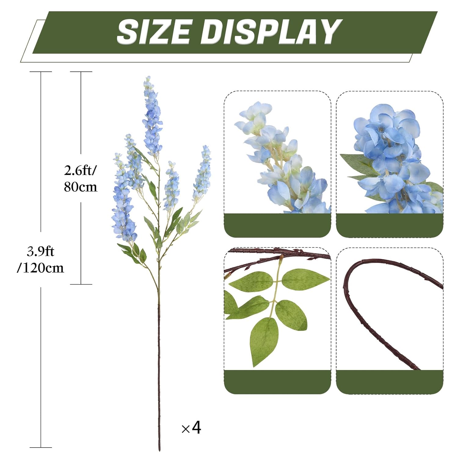 3.9Ft Wisteria Artificial Flowers, 4Pcs Wisteria Hanging Flowers, Silk Blue Flower With Long Stem For Tall Vase Filling Wedding Wall Backdrop Centerpieces Home Decoration (Blue)