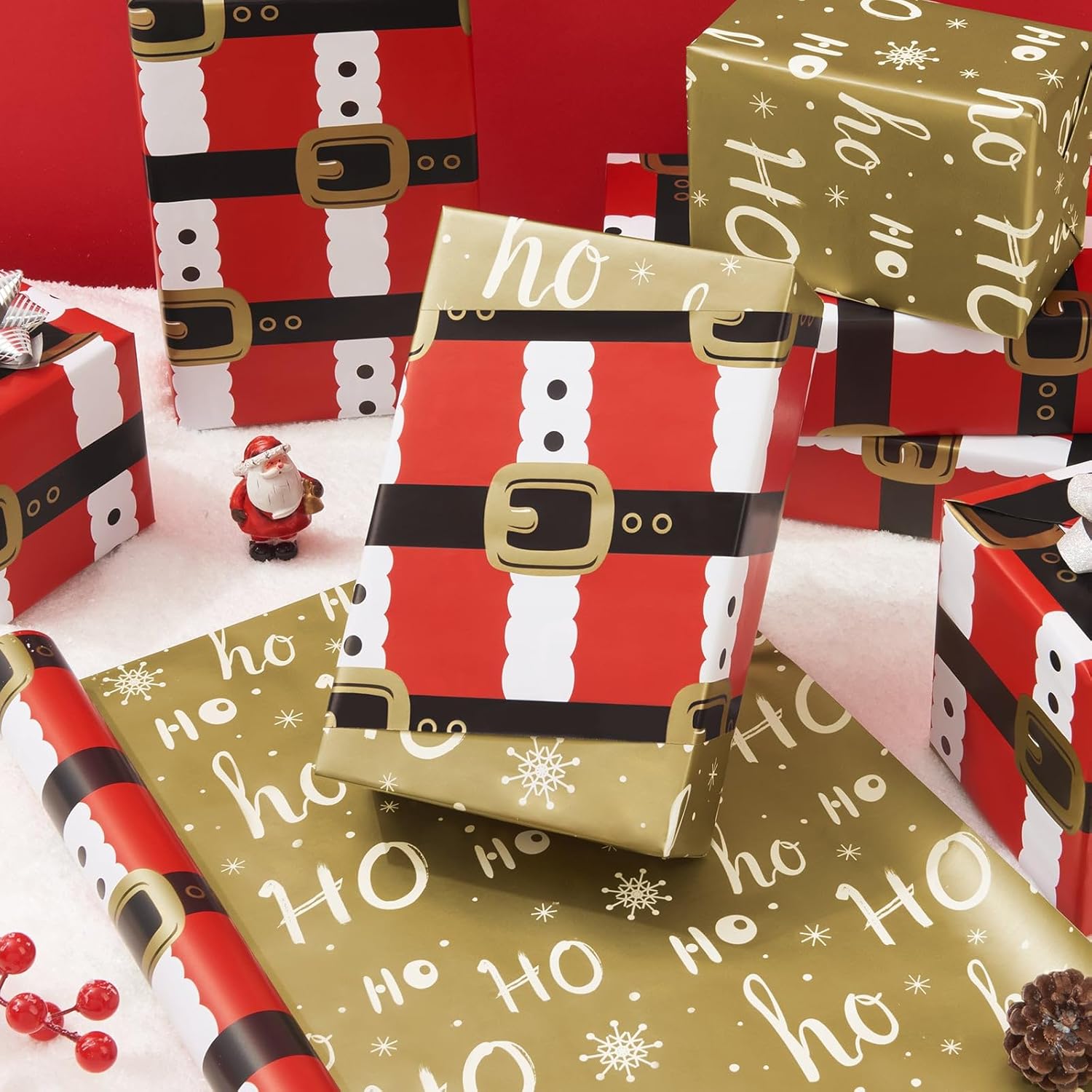 Christmas Gift Wrapping Paper Roll - 1 Roll 17”X 33 Ft Reversible Santa Claus Belt Wrapping Paper For Kids Red And Gold Gift Wrap For Christmas Holiday Party Supplies