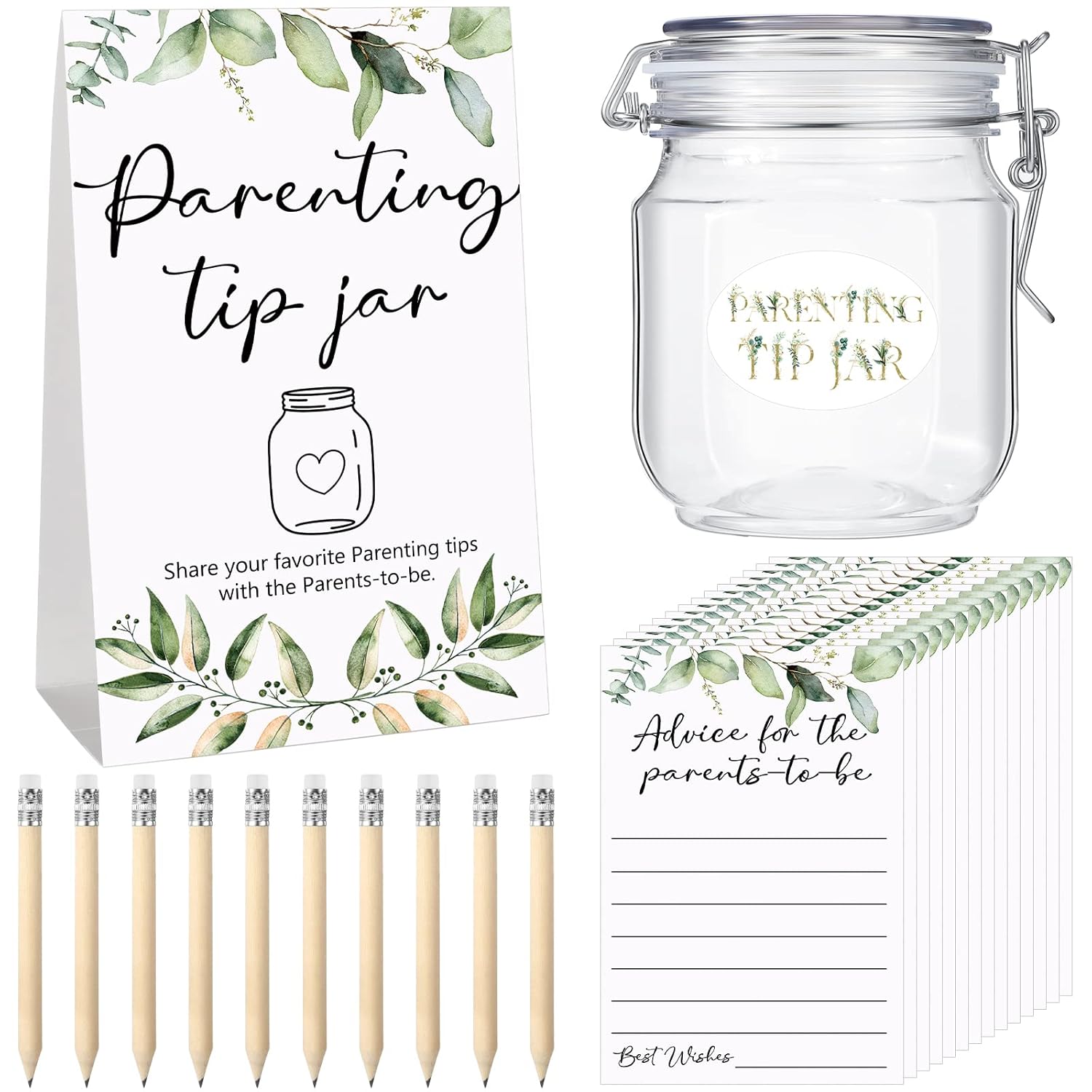 Baby Shower To Baby Advice Cards For New Parents To Be - Tip Jar Sign For New Parents 60 Parenting Advice Cards 10 Hb Pencils 2 Cute Stickers 1 Pet Bottle For Guests Games(Leaf)