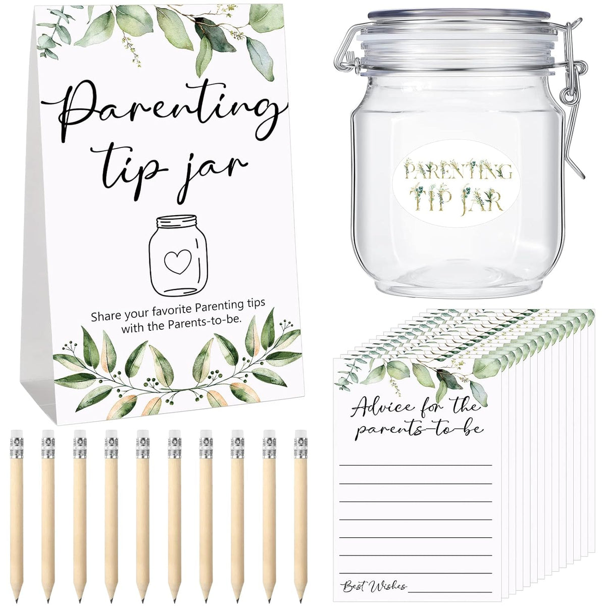 Baby Shower To Baby Advice Cards For New Parents To Be - Tip Jar Sign For New Parents 60 Parenting Advice Cards 10 Hb Pencils 2 Cute Stickers 1 Pet Bottle For Guests Games(Leaf)