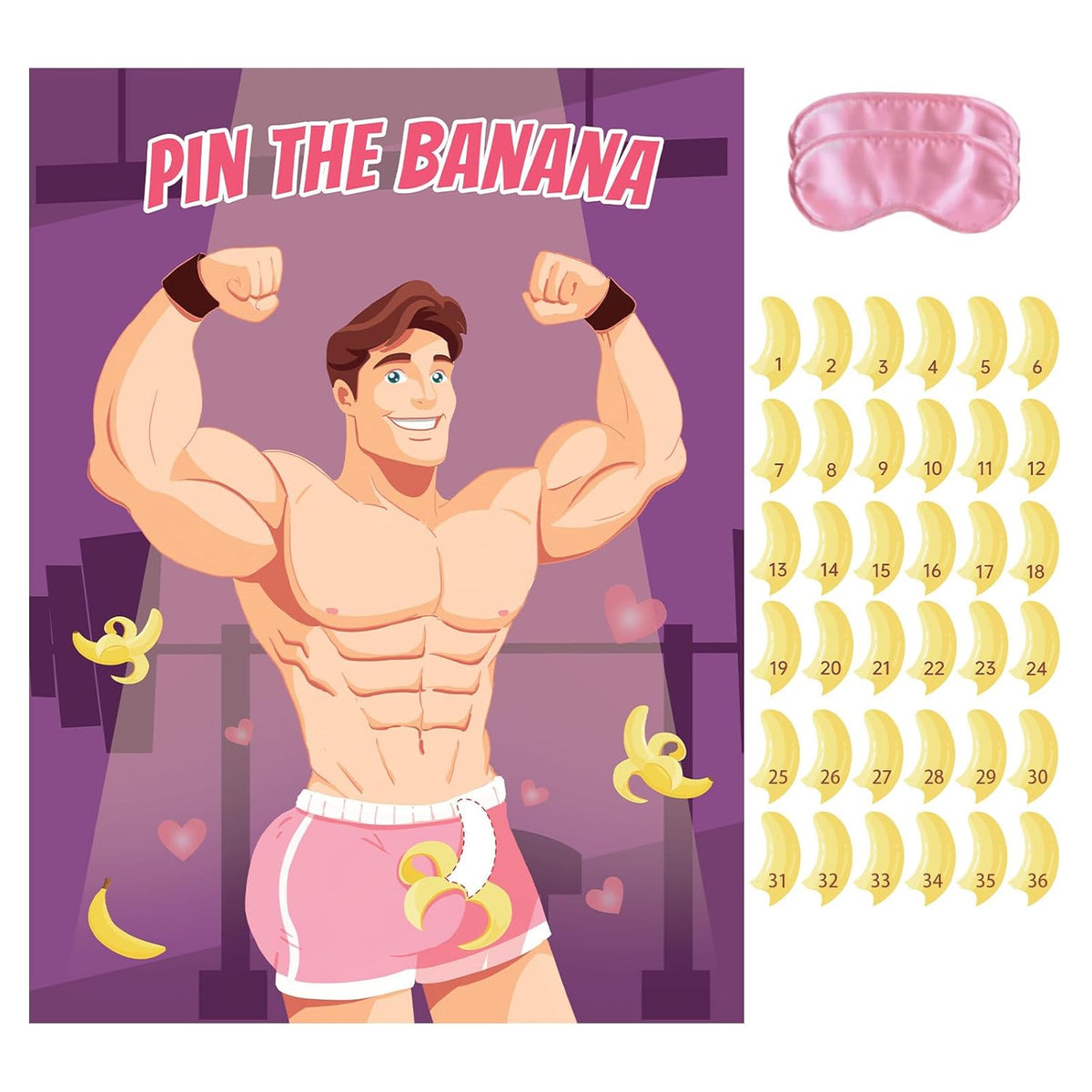 Bachelorette Party Games For Adults Women - Pin The Banana On The Hunk Bachelorette Game, Bridal Shower Games With 36 Stickers & 2 Blindfolds For Girls Night Wedding Engagement Party