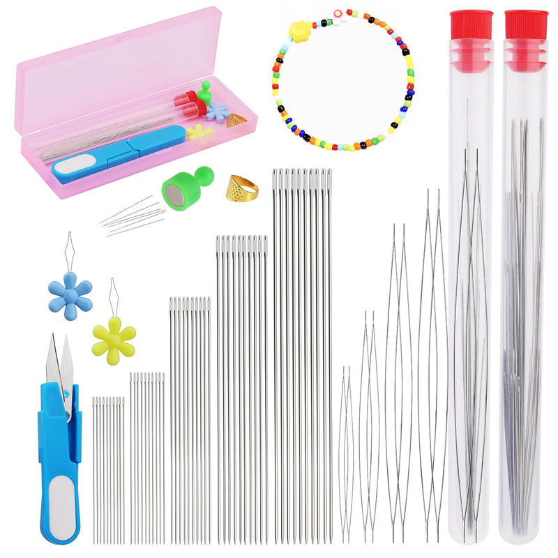 65Pcs Beading Needles,10Pcs Big Eye Beading Needles,5 Size Of Long Straight Be