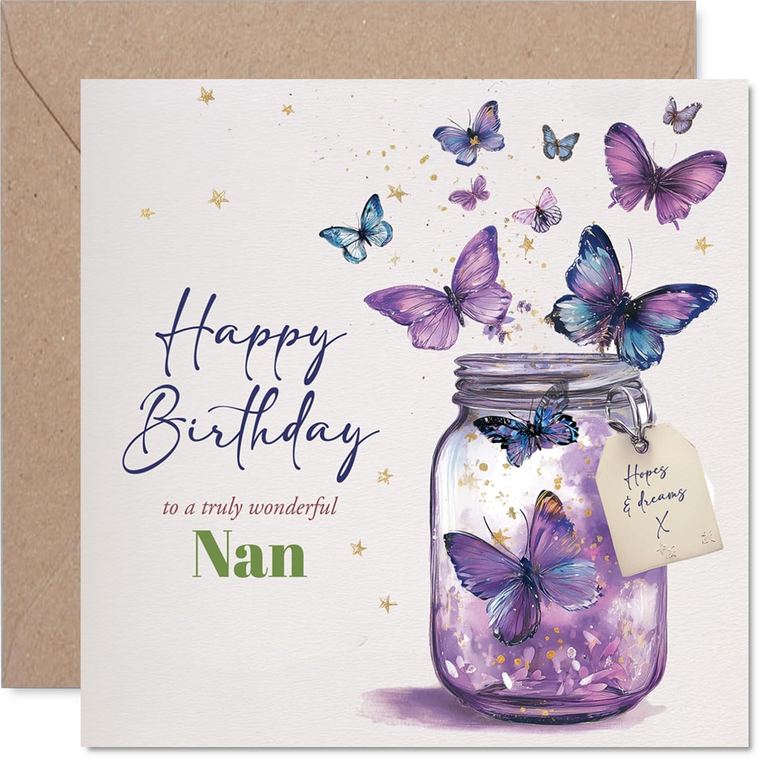 Nan Birthday Card - Jar Of Butterflies - Happy Birthday Card For Nan From Grandson Granddaughter, 5.7 Inch Beautiful Natural Bday Greeting Cards