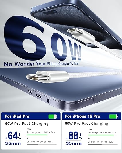 2 Pack USB C to USB C Cable 6FT 60W Woven Fast Charging Cord for iPhone 17 16 15 Samsung MacBook