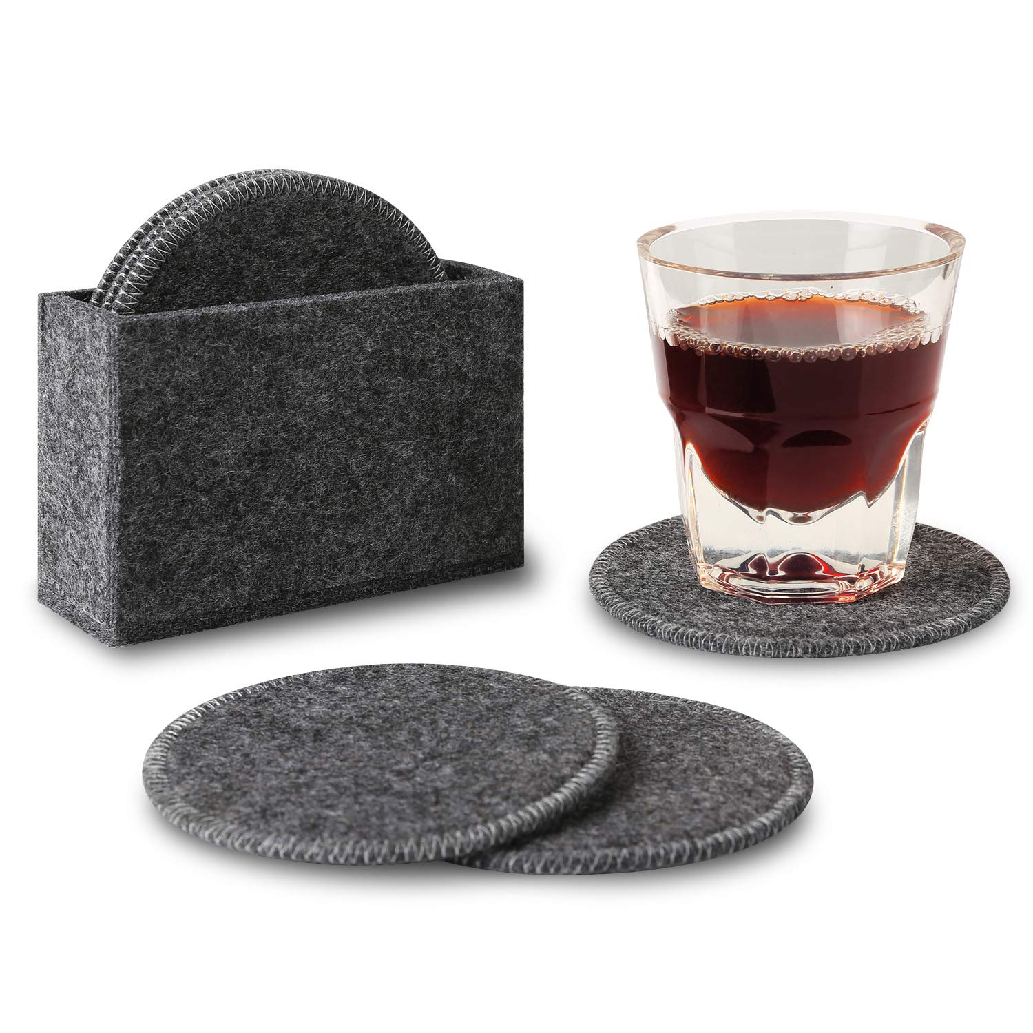 Drink Coasters Set Of 6 With Holder - Dark Gray Round Water Absorption Felt Mat, Prevent Furniture From Dirty And Scratched, Suitable For Kinds Of Mugs And Cups, 3.94 Inches Diameter