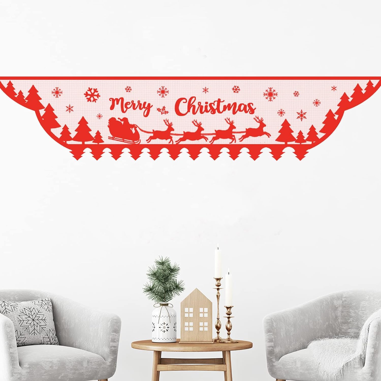 Christmas Mantle Scarf - Merry Christmas Fireplace Decorations - Red Lace Mantel Cover Garland Runner With Snowflake Reindeer Tree Santa Claus - Winter Holiday Home Living Room Decorations Indoor