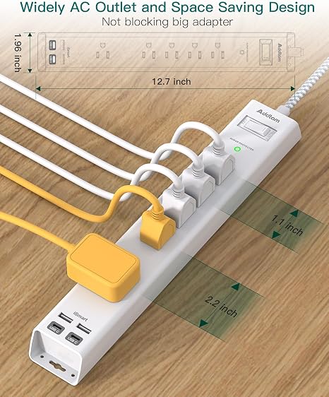 2 Pack Surge Protector Power Strip 6FT Extension Cord with 5 Outlets 4 USB Ports 2 USB C Flat Plug 1080J