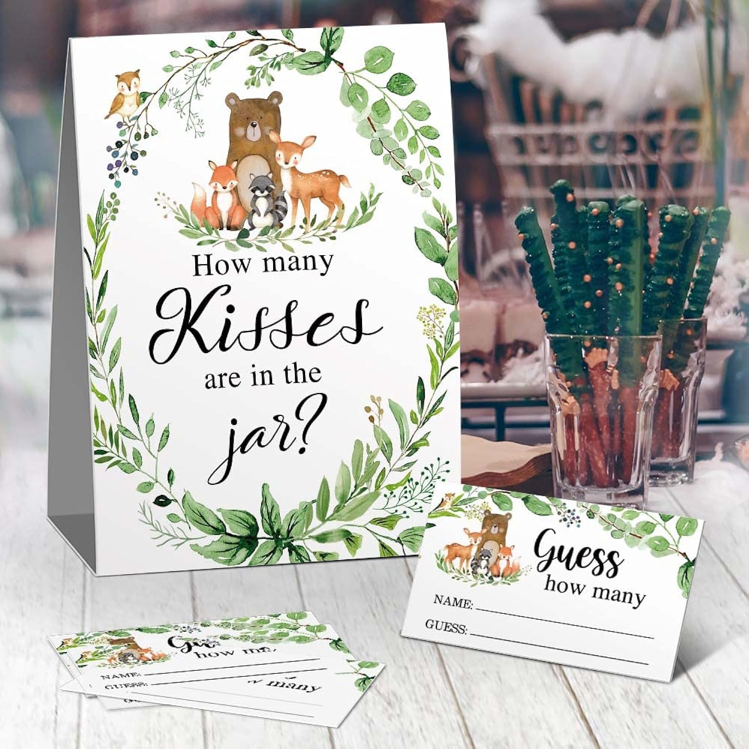 How Many Kisses Game (1 Standing Sign + 50 Guessing Cards)?Woodland Animal Theme?Baby Shower Sign